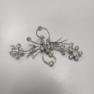 Vintage Silver Tone Clear Rhinestone Floral Spray Brooch Mid-Century Bridal Pin